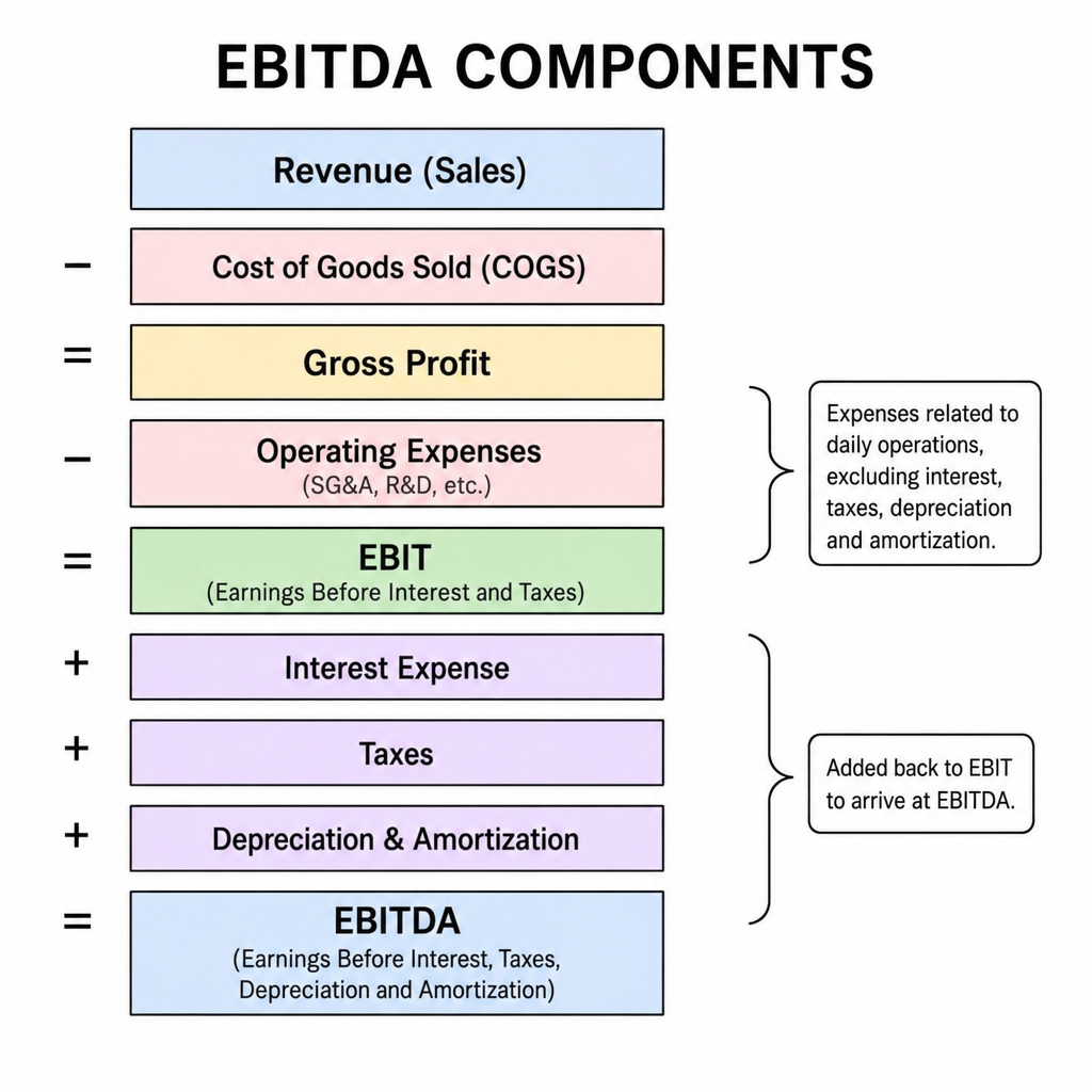 Opbouw van EBITDA vanaf omzet via brutowinst en EBIT