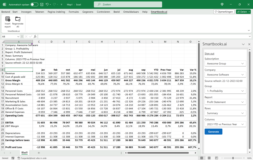 Smartbooks Excel add-in showing a profit statement with monthly columns